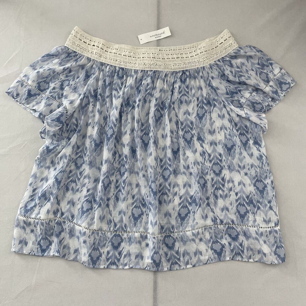 NWT Westbound Woman Blouse Ikat Blue White Crochet Neckline Size 3X